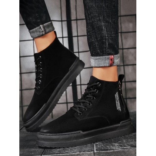 Faux Suede Letter Print Side Zip Combat Boots