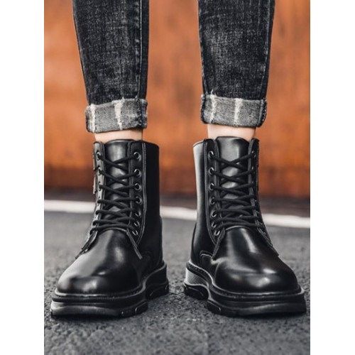 Buckle Decor Lace Up Combat Boots