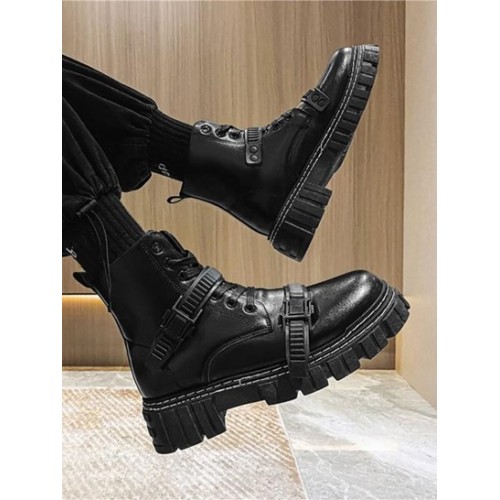 Buckle Contrast Stitching Lace Up Combat Boots