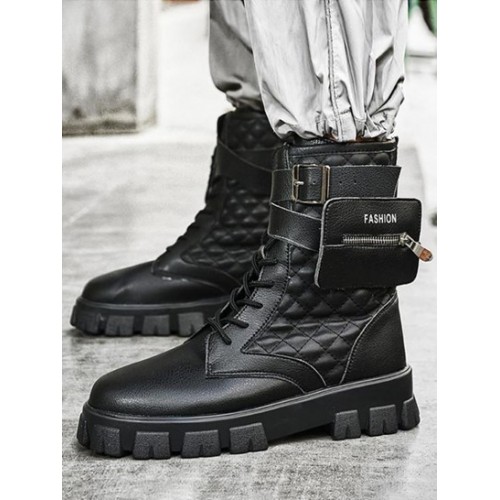 High-top Retro Zip Pocket Design Quilted Boots