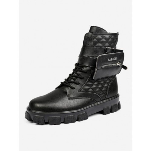 High-top Retro Zip Pocket Design Quilted Boots