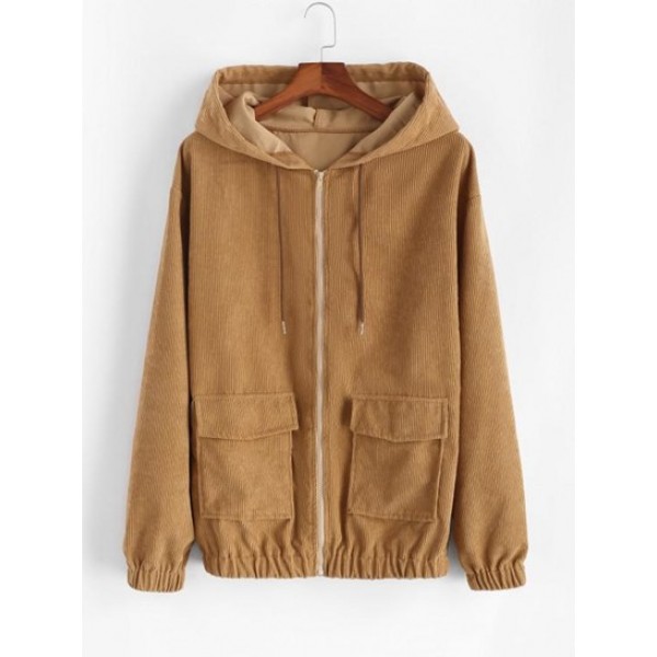 Hooded Double Pockets Zip Corduroy Jacket