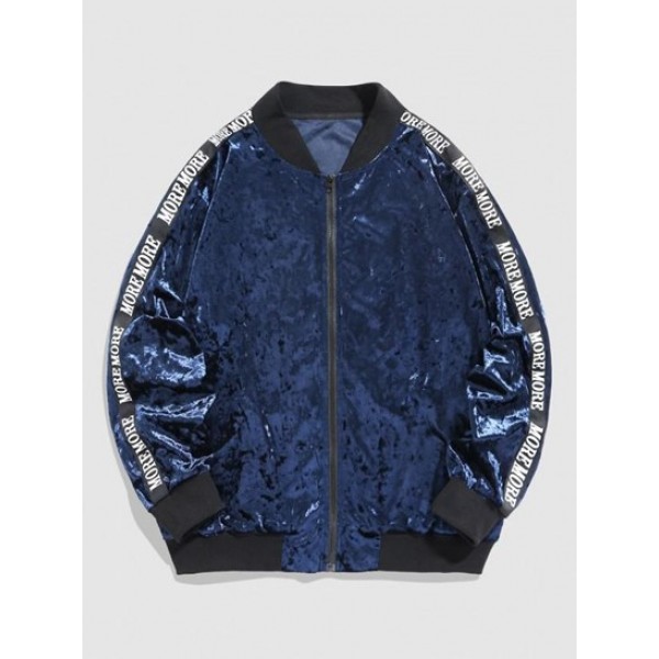 Letter Printed Shiny Velvet Bomber Jacke...
