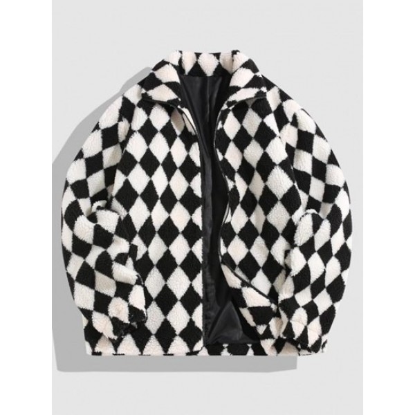 Rhombus Pattern Zip Up Fluffy Fleece Fau...