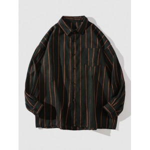 Vertical Stripes Front Pocket Casual Shi...