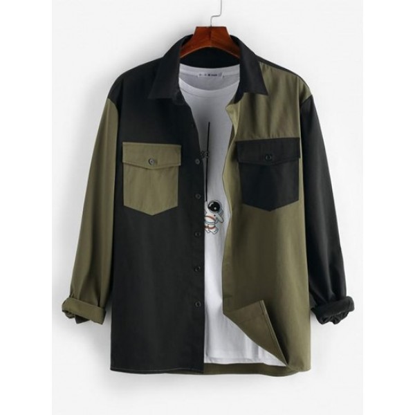 Double Pockets Colorblock Long Sleeve Sh...