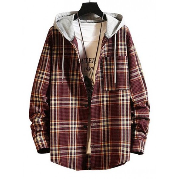 Hooded Plaid Print Pocket Shirt