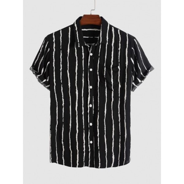 Colorblock Striped Print Button Up Pocke...