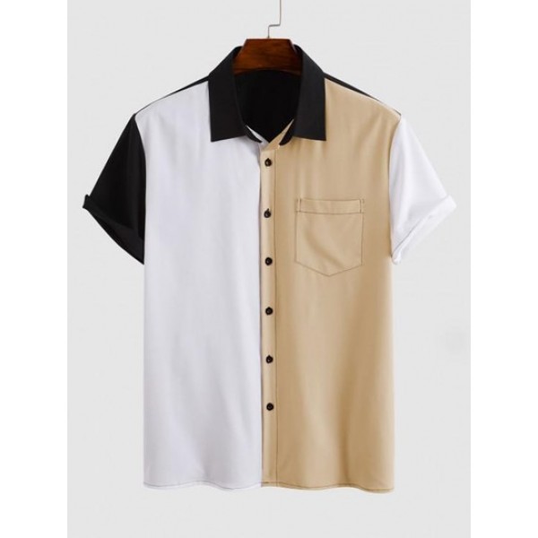 Colorblock Button Fly Turndown Collar Sh...