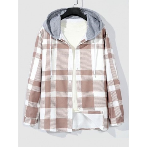 Colorblock Plaid Pattern Hooded Corduroy...