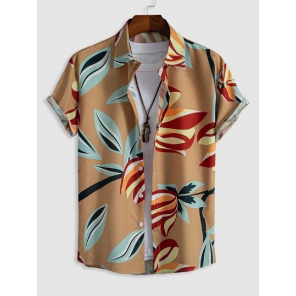 Hawaii Style Leaves Pattern Button Front...