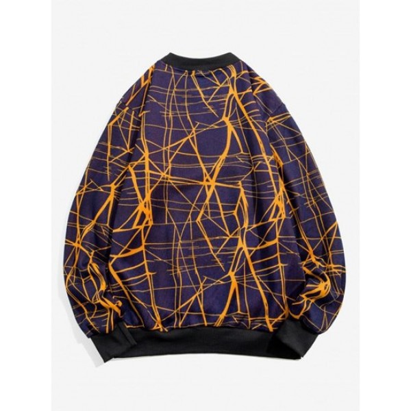 Lines Print Rib-knit Trim Fleece Sweater