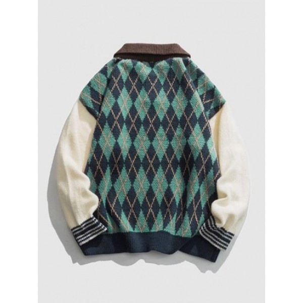 HAVE A NICE DAY Bear Rhombus Pattern Buttons Sweater