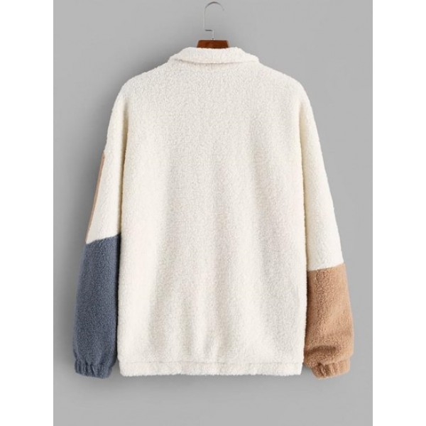 Color Blocking Panel Raglan Sleeve Zip Teddy Fluffy Jacket