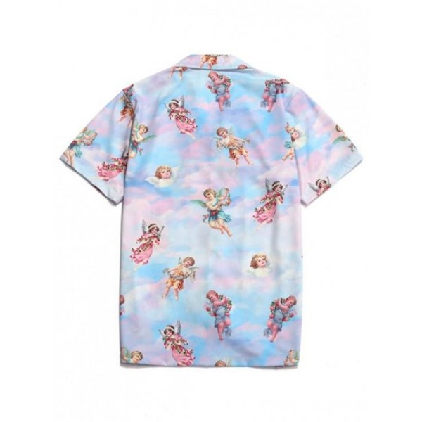 Renaissance Art Paradise Floral Angel Print Beach Button Up Shirt