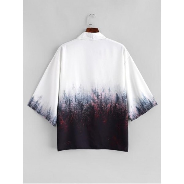 Forest Painting Print Open Front Kimono Cardigan