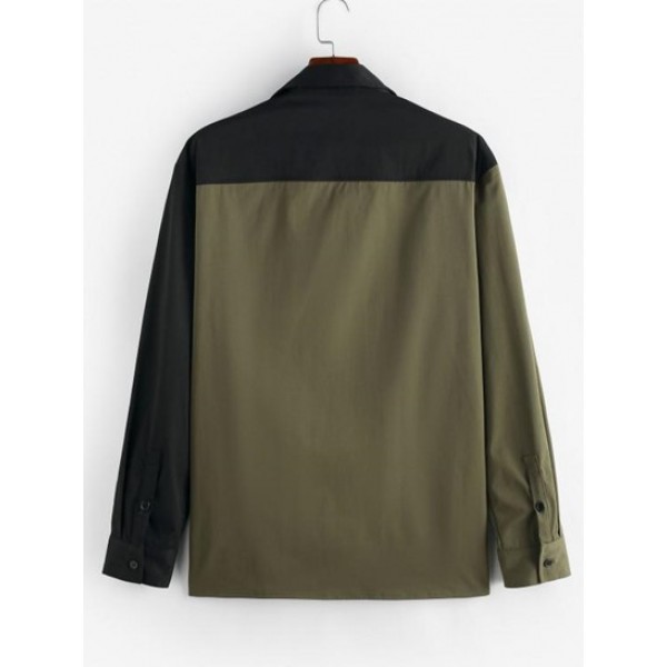 Double Pockets Colorblock Long Sleeve Shirt