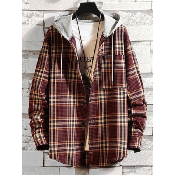 Hooded Plaid Print Pocket Shirt