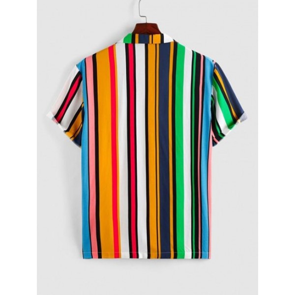 Colorful Rainbow Pattern Jacquard Stripe Short Sleeve Shirt