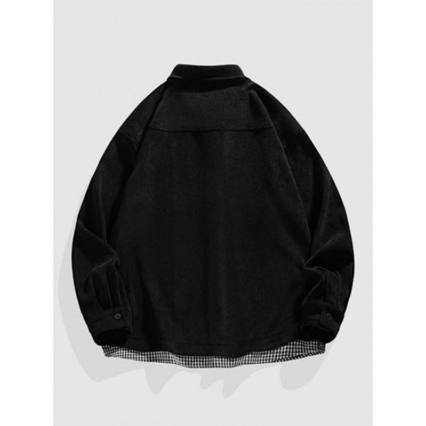 Plaid Panel Patched Front Pocket Corduroy Shirt