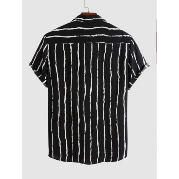 Colorblock Striped Print Button Up Pocket Shirt
