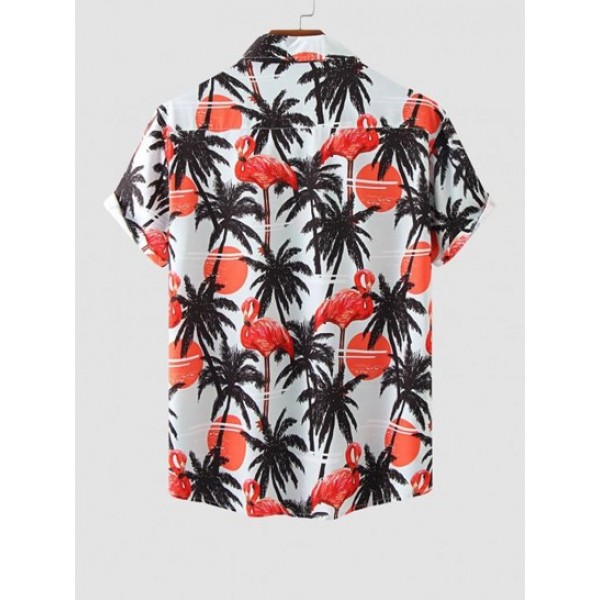 Flamingo Coconut Tree Print Short Sleeves Hawaii Vacation Shirt
