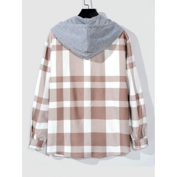 Colorblock Plaid Pattern Hooded Corduroy Shirt