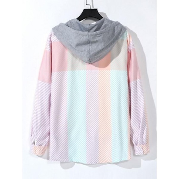 Colorblock Striped Pattern Drawstring Hooded Corduroy Shirt