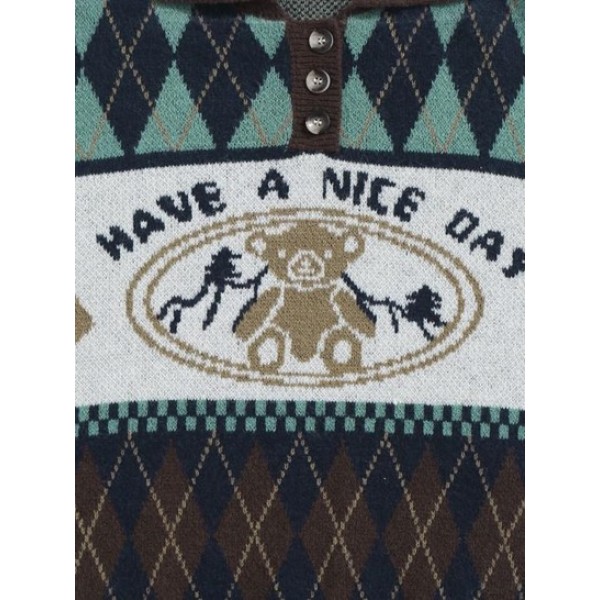 HAVE A NICE DAY Bear Rhombus Pattern Buttons Sweater