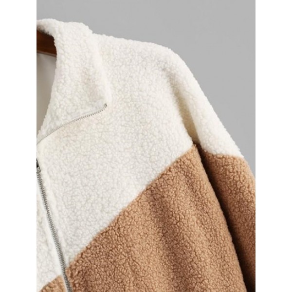 Color Blocking Panel Raglan Sleeve Zip Teddy Fluffy Jacket
