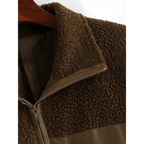 Letter Print Zip Up Pockets Fluffy Fleece Teddy Jacket