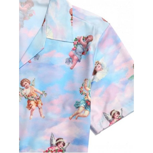 Renaissance Art Paradise Floral Angel Print Beach Button Up Shirt