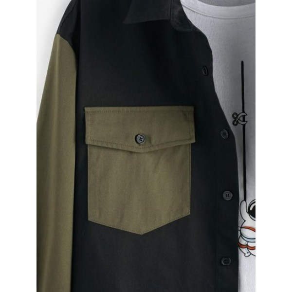 Double Pockets Colorblock Long Sleeve Shirt