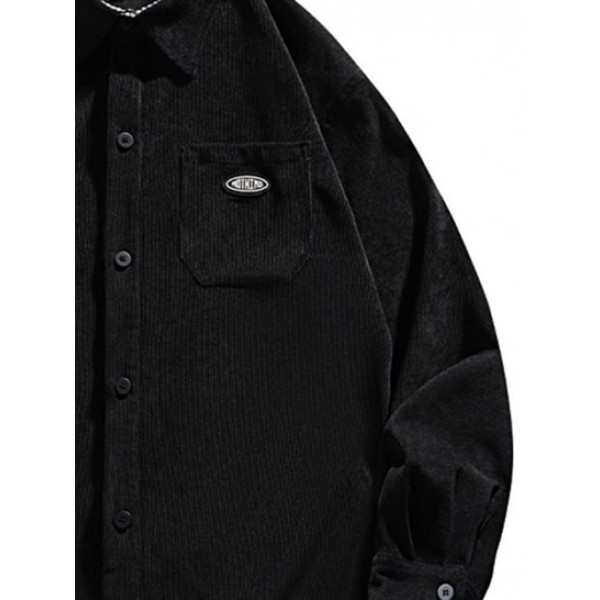 Plaid Panel Patched Front Pocket Corduroy Shirt