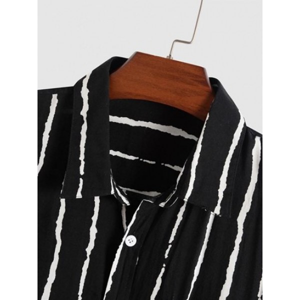 Colorblock Striped Print Button Up Pocket Shirt