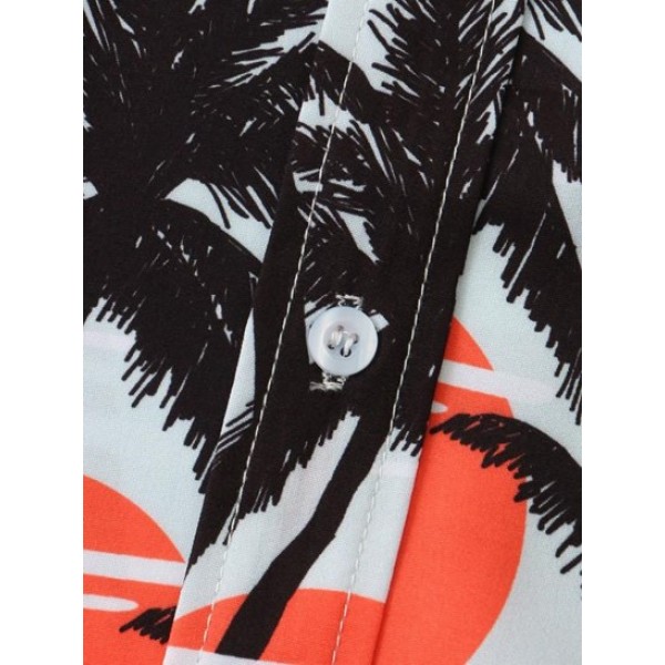 Flamingo Coconut Tree Print Short Sleeves Hawaii Vacation Shirt