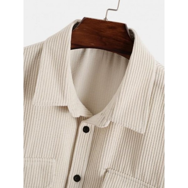 Front Pockets Design Solid Color Corduroy Shirt