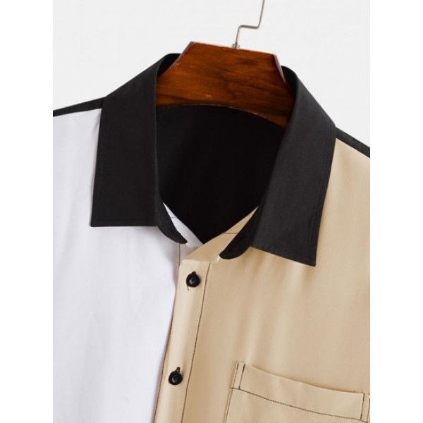 Colorblock Button Fly Turndown Collar Shirt