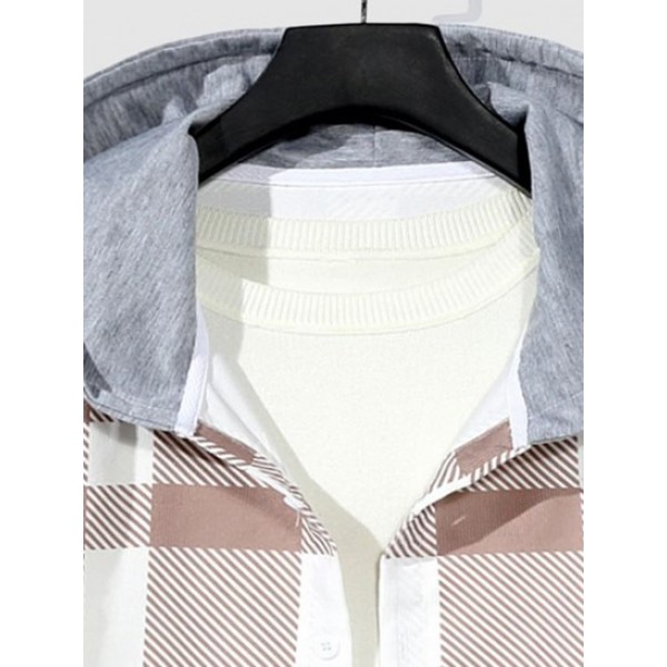 Colorblock Plaid Pattern Hooded Corduroy Shirt