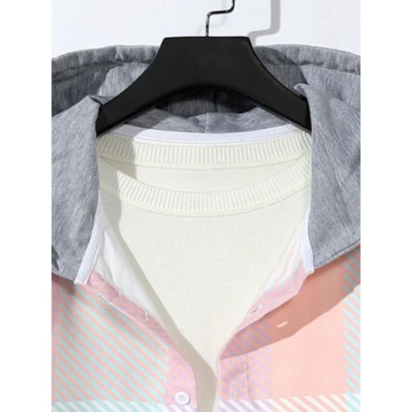 Colorblock Striped Pattern Drawstring Hooded Corduroy Shirt
