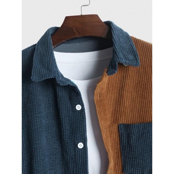 Colorblock Pattern Corduroy Long Sleeves Shirt