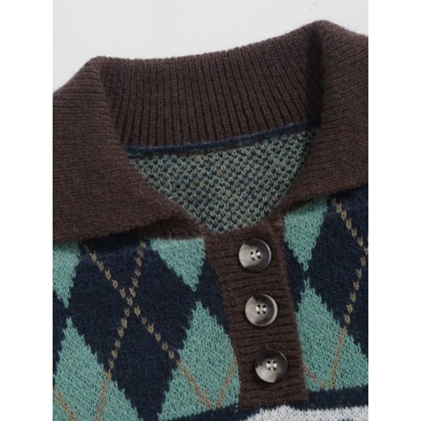 HAVE A NICE DAY Bear Rhombus Pattern Buttons Sweater