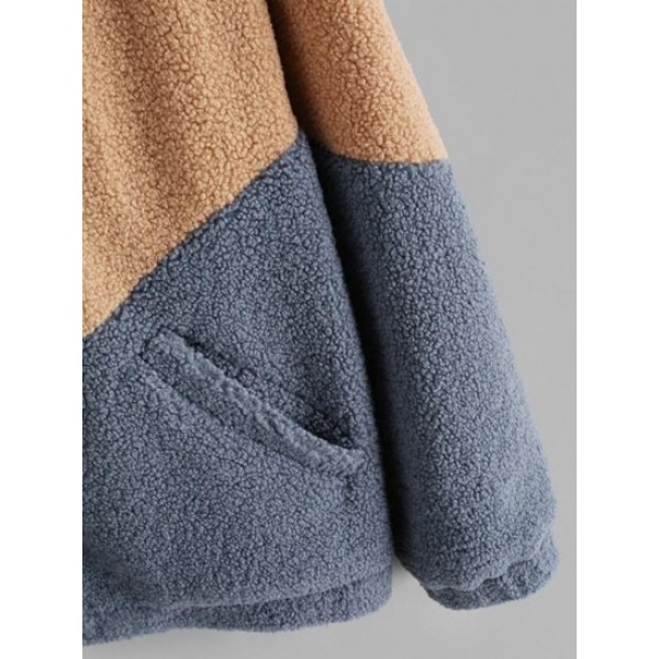 Color Blocking Panel Raglan Sleeve Zip Teddy Fluffy Jacket