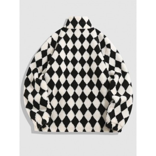 Rhombus Pattern Zip Up Fluffy Fleece Faux Shearling Jacket