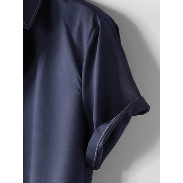 Topstitching Button Short Sleeve Thin Shirt