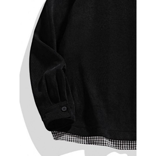 Plaid Panel Patched Front Pocket Corduroy Shirt