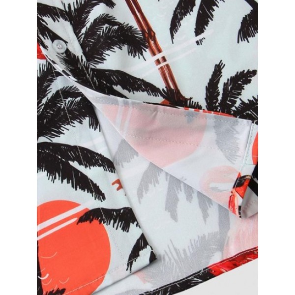 Flamingo Coconut Tree Print Short Sleeves Hawaii Vacation Shirt