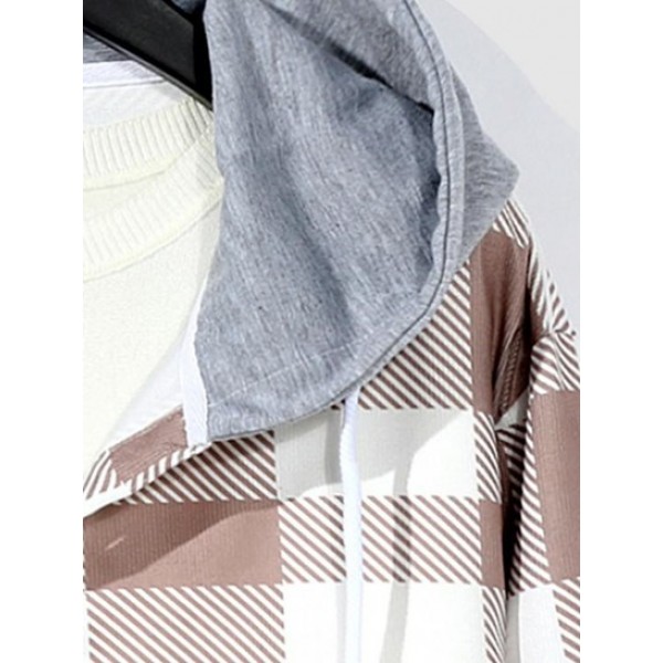 Colorblock Plaid Pattern Hooded Corduroy Shirt