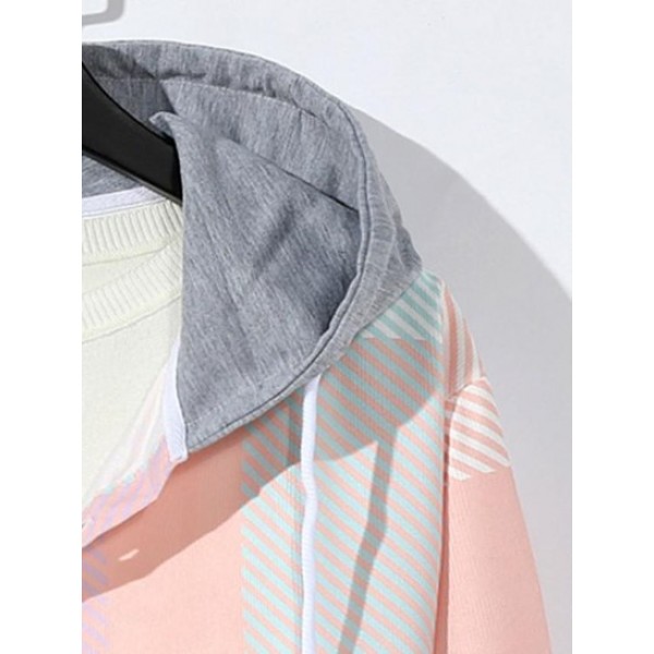 Colorblock Striped Pattern Drawstring Hooded Corduroy Shirt